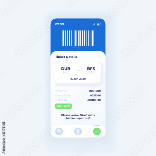 Online booking application smartphone interface vector template. Mobile app page light theme design layout. Ticket details screen. Flat UI for application. Additional information on phone display