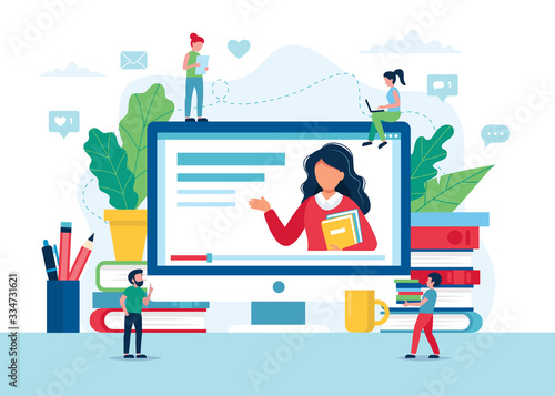 Online education concept, screen with teacher, books and pencils. Small people characters. Vector illustration in flat style