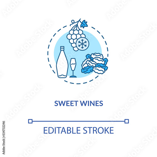 Sweet wines concept icon. Vintage alcohol drink degustation idea thin line illustration. Delicious beverage from late harvest grapes. Vector isolated outline RGB color drawing. Editable stroke