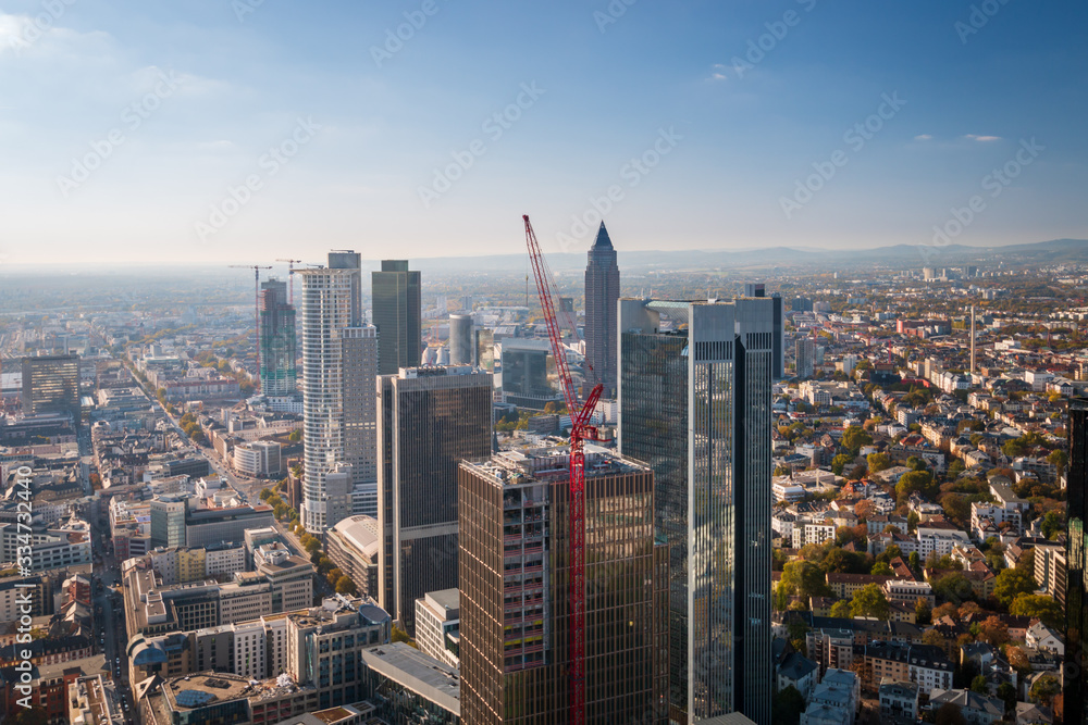 Fototapeta premium Aerial panorama cityscape of Frankfurt am Main, Germany.