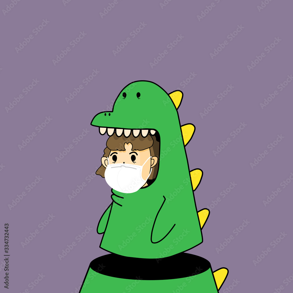 long-haired man wearing a mask, to protect against coronavirus, dressed in a green godzilla mascot, still works even during an epidemic.flat vector illustrate.
