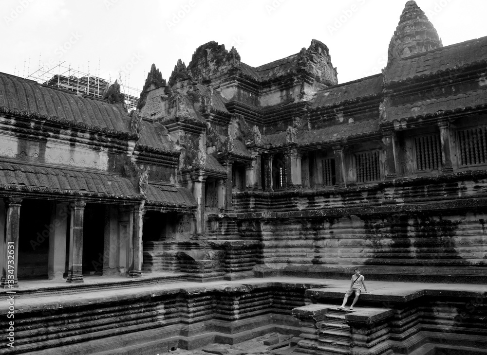 Siem Reap, Cambodia, January 30th 2016: Black and white photo main temple of Angkor Wat