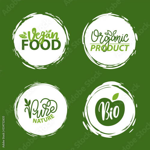 Fresh vegan food label, green poster natural and herbal product, 100 percent organic, healthy product, set of emblem, market sticker vector. Menu logo on white abstract watercolor lable