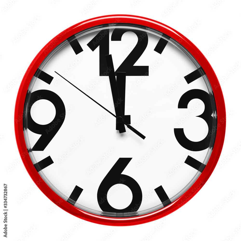 Red round clock with one minute left to 12, isolated on white background Red round clock with one minute left to 12, isolated on white background