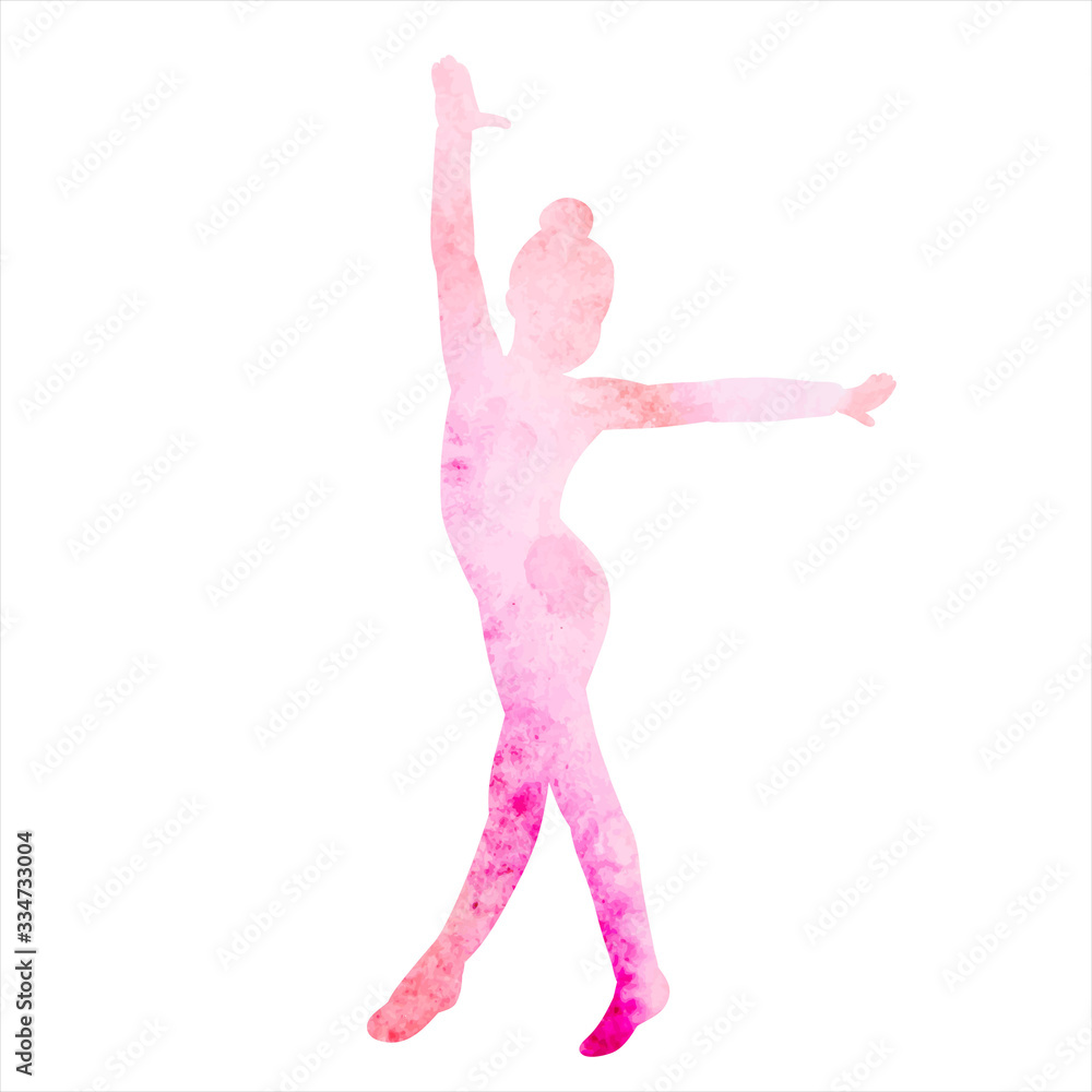 vector, isolated, watercolor silhouette pink girl gymnast