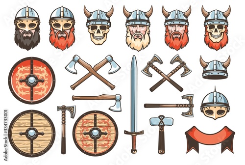 Medieval weapons and armor of Vikings and Knights - set for retro logo. Vector vintage illustration.