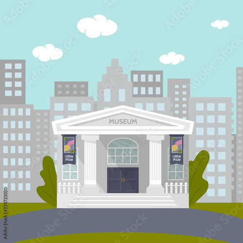 A cartoon illustration of a museum building with a name and columns and a city in the background