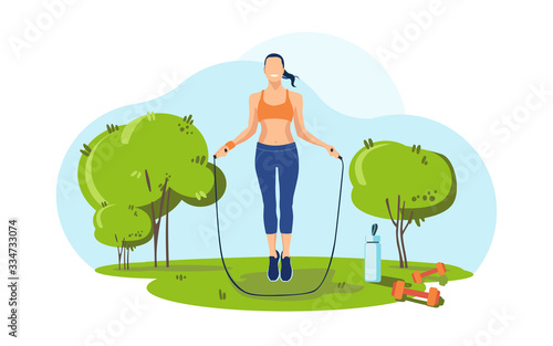 Young girl jumps on a skipping rope in park Dumbbells and a bottle of water stand on the grass. Summer outdoor fitness activities. Flat vector illustration.