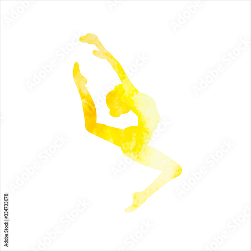 isolated, watercolor silhouette yellow girl gymnast jumping