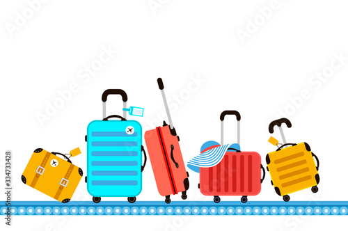 Suitcases on airport luggage conveyor belt. Travel bag. Summer time. Holidays. Vacation trip. Rest trip. Luggage band on the airport.