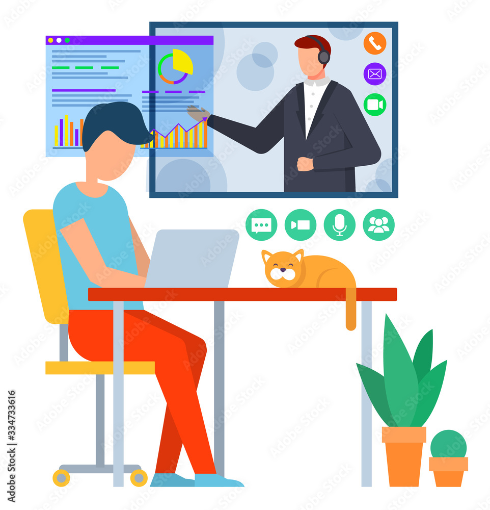 Distant online education, student learning through laptop at home isolated character vector. Teacher and graphics, Internet site, receiving knowledge. Online courses, house interior illustration Distant online education, student learning through laptop at home isolated character vector. Teacher and graphics, Internet site, receiving knowledge. Online courses, house interior illustration