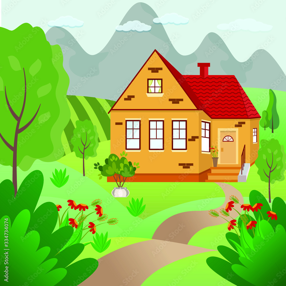 Colorful house on a hill surrounded by green fields, meadows, trees and flowers Colorful house on a hill surrounded by green fields, meadows, trees and flowers