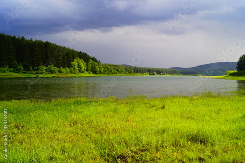 landscape with lake and blue sky