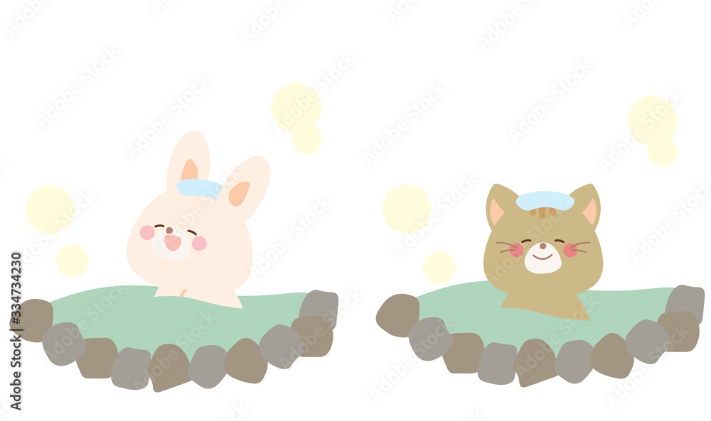 Obraz premium 温泉に入るうさぎとネコのイラスト セット
