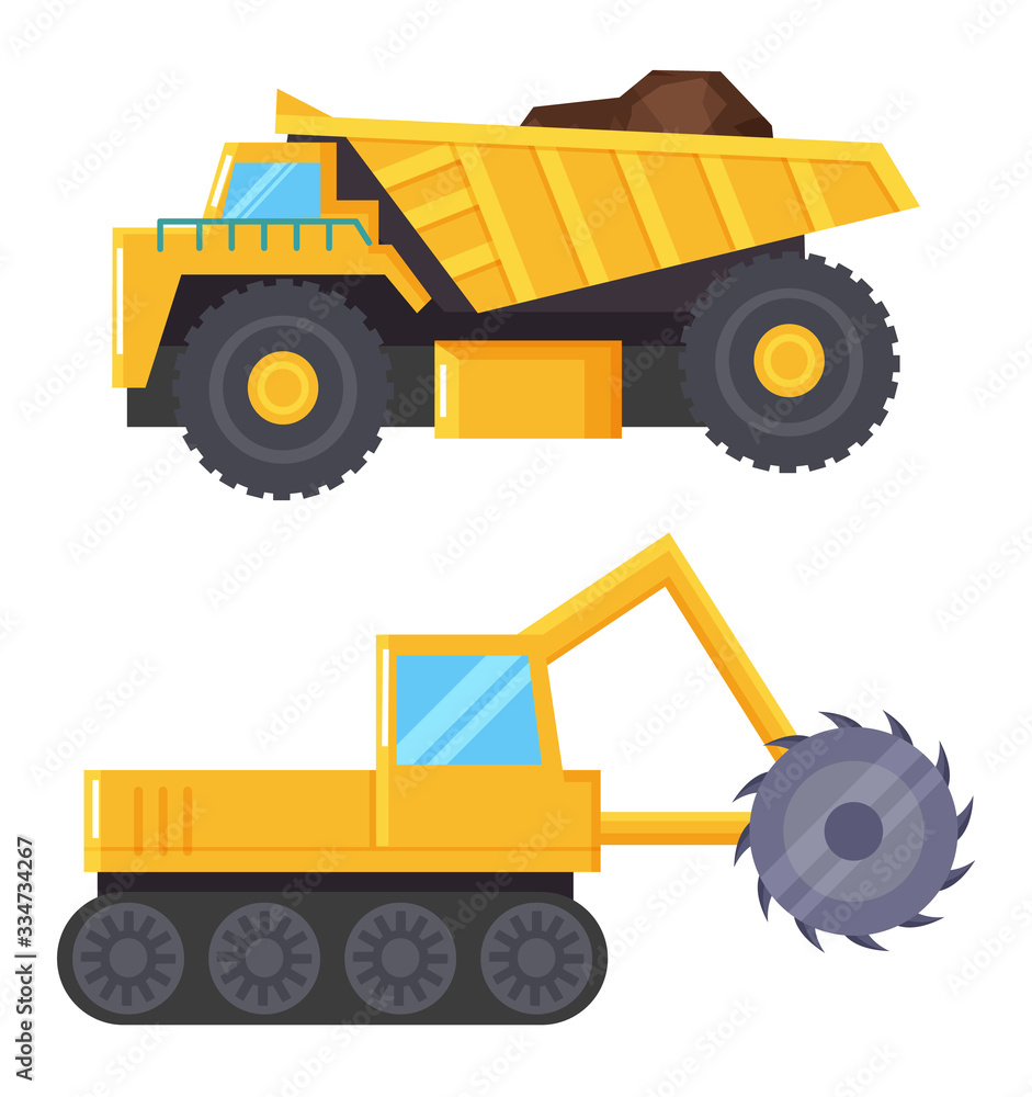 Collection of industrial machinery. Set of vehicles and devices for mining industry. Transportation of coals or soil. Tractor or van and machine with circular sharp blade for cutting, vector