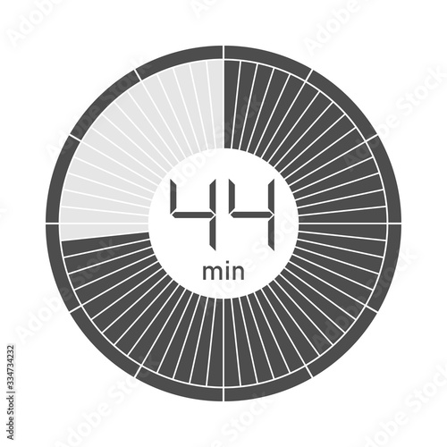 The 44 minutes stopwatch icon, digital timer. Vector illustration.
