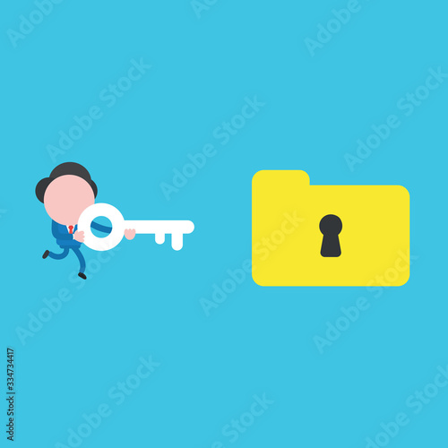 Vector illustration concept of businessman character running and holding key to unlock closed file folder.