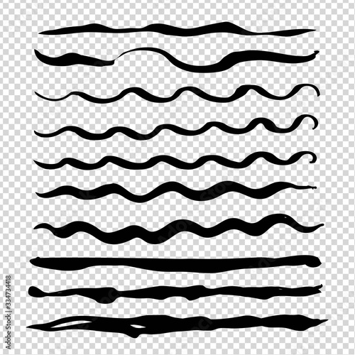 Black abstract wawy long brush thin strokes big set isolated on imitation transparent background © Azuzl
