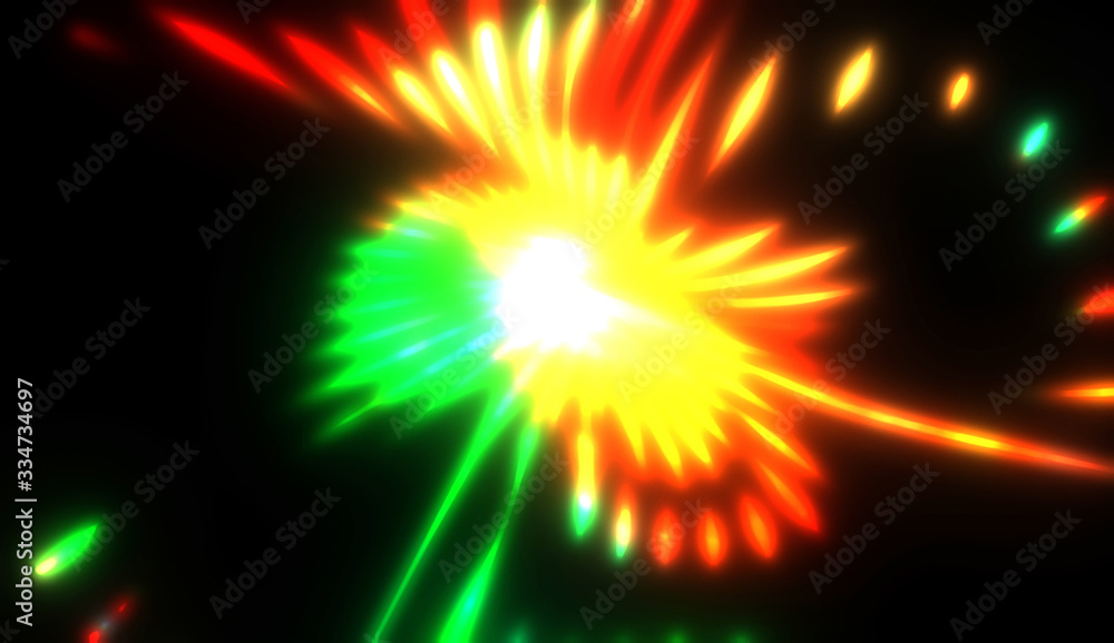 Dynamic rays of light isolated on black background. Graphic 2D illustration of glowing colorful light particles. Dynamic rays of light isolated on black background. Graphic 2D illustration of glowing colorful light particles.