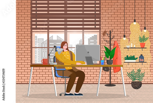Young woman work on laptop in room. Lady sit on chair by table in homelike cabinet. Interior of office with decor like plants. Big window with cityscape. Vector illustration of workplace in flat style