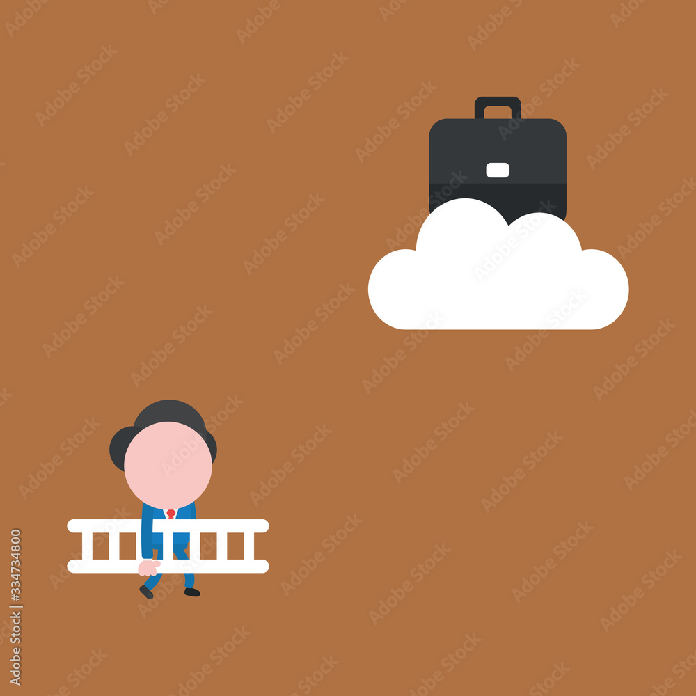 Vector illustration concept of businessman character walking carrying wooden ladder to reach briefcase on cloud.