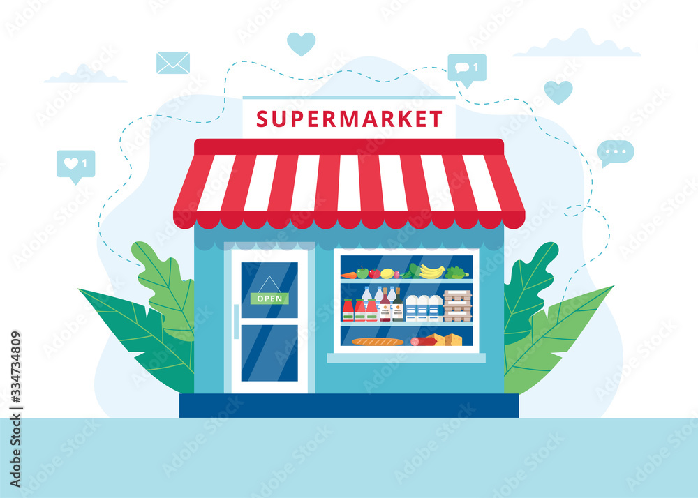Grocery store concept, supermarket with different grocery. Vector