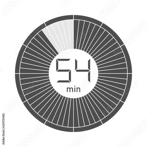 The 54 minutes stopwatch icon, digital timer. Vector illustration.