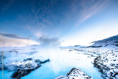 Beautiful landscape and sunset near Blue lagoon hot spring spa in Iceland 