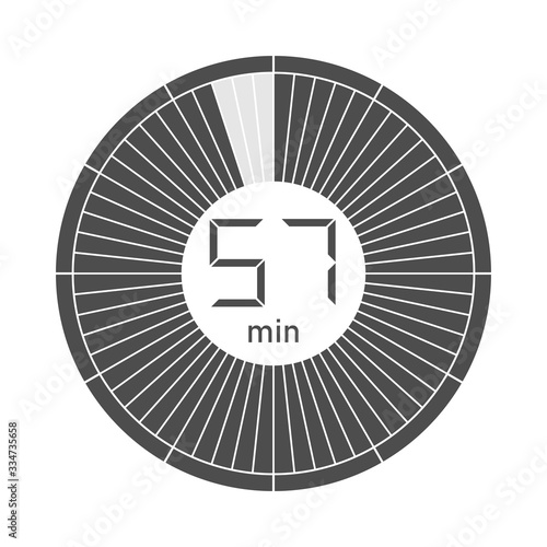 The 57 minutes stopwatch icon, digital timer. Vector illustration.
