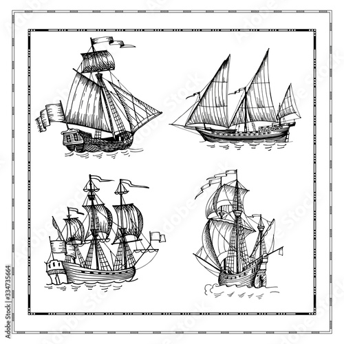 Old caravel, vintage sailboat. Hand drawn vector sketch.