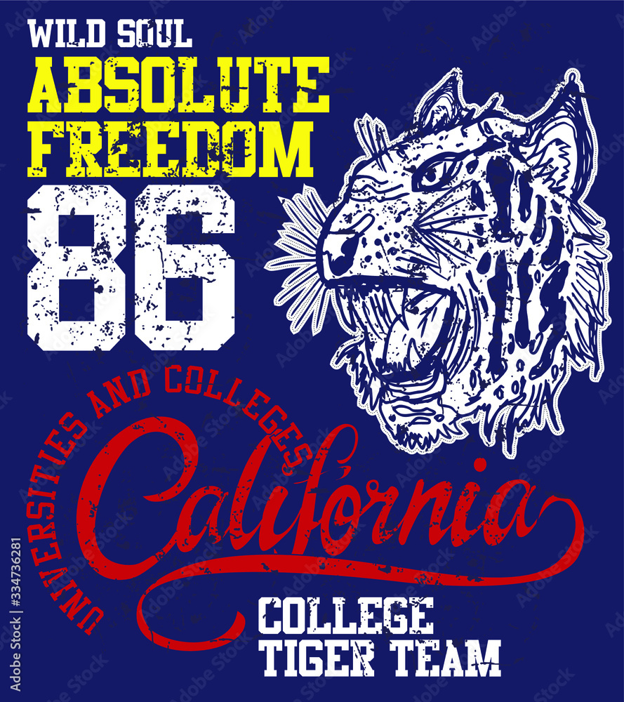 Obraz premium College style Tattoo tiger tshirt print graphic design vector art