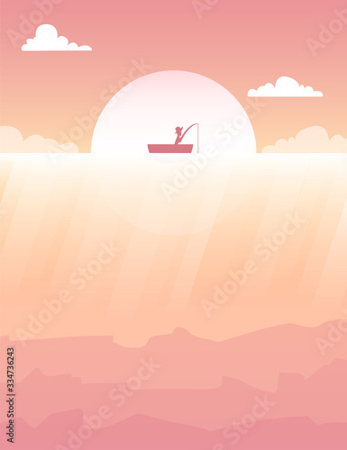 Fischer angelt bei Sonnenuntergang / Sonnenaufgang, Meer, Vektor