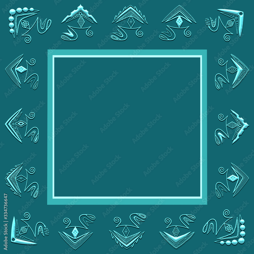 Template for card, invitation, greetings with geometrical mint green ornament, unusual hand-draw elements. Frame or border on blue-green background