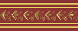 Gold geometrical raster ornament, frame or border on maroon background. Horizontal row of unusual hand-draw elements