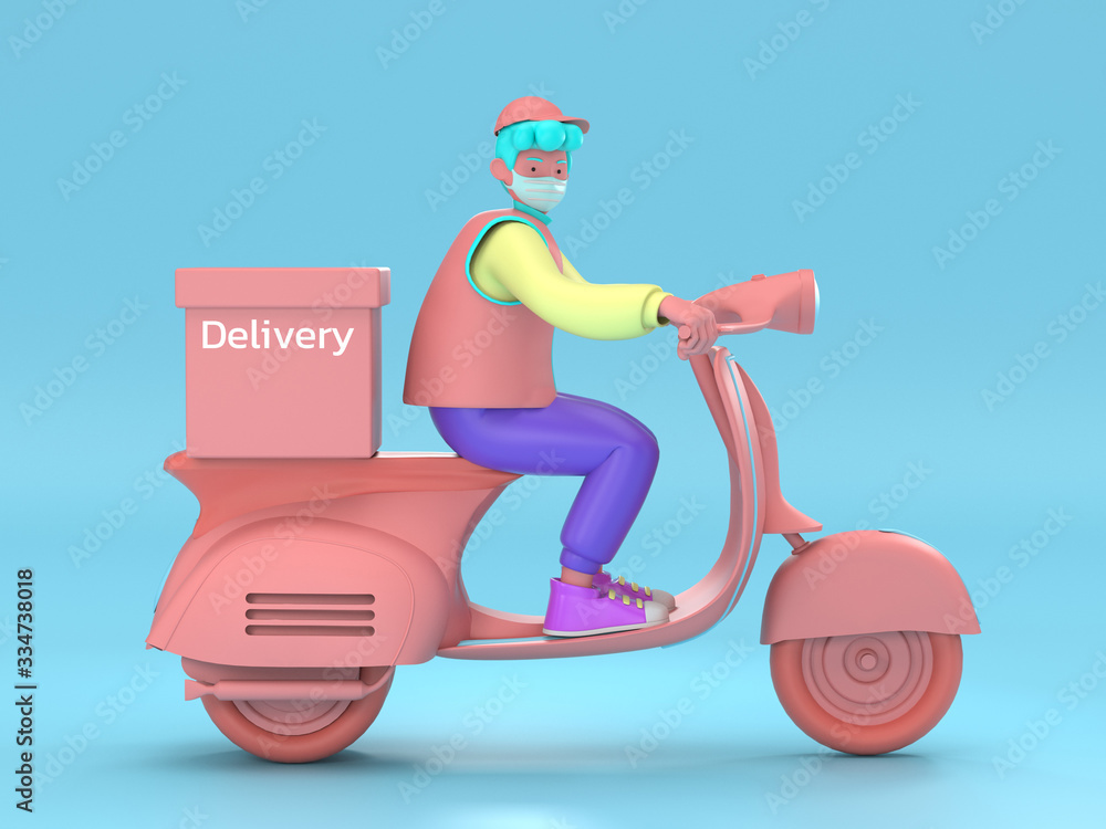 3d illustrate.Fast and free delivery by scooter for Food service mobile  E-commerce concept. Online food order graphic Webpage, app design, delivery  home and office Warehouse Stock Illustration
