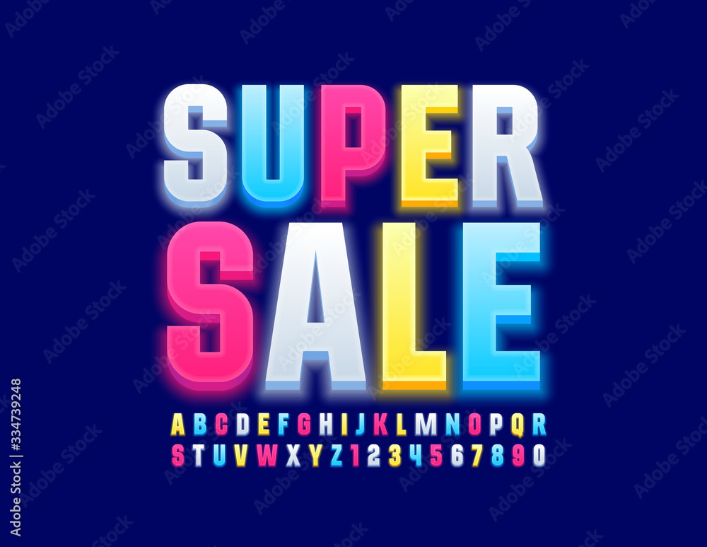 Vector bright banner Super Sale. Creative glowing Font. Colorful Alphabet Letters and Numbers Vector bright banner Super Sale. Creative glowing Font. Colorful Alphabet Letters and Numbers