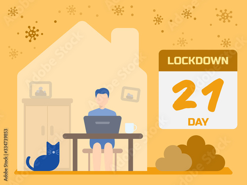 Lockdown Covid-19 coronavirus outbreak. Male employee works from home to avoid viruses. Illustration about Coranavirus or Covid-19.