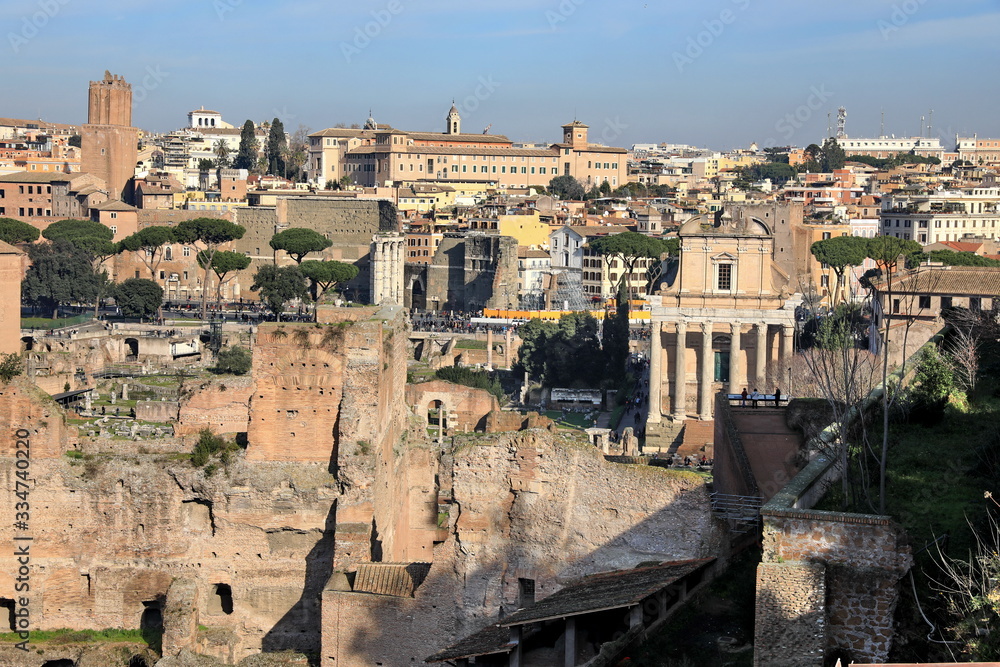 Classic Rome - aerial view to old roof buildings and street