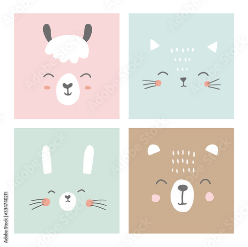 Cute simple animal faces portraits - kawaii animals. Bunny, bear, cat, alpaca, llama. Designs for baby clothes, posters, greeting card. Hand drawn characters. Vector illustration.