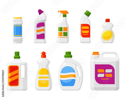 Cleaning products set, liquids, powders, sprays bottles