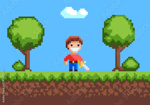 Knight holding galive, portrait view of superhero cavalier with steel, war and adventure element of pixel game, tree and bush, green grass on ground vector