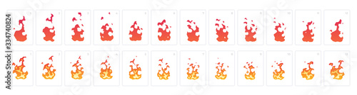 Looped fire animation. Sprites sheet. Flat style vector illustration. Flame, fire, torch, campfire. Cute cartoon design. Orange and yellow colors. Realistic template.