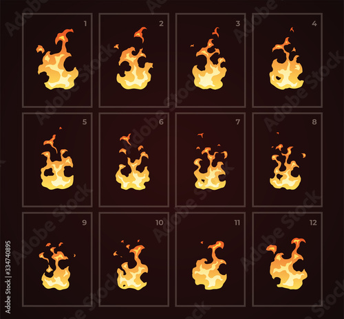 Looped fire animation. Sprites sheet. Flat style vector illustration. Flame, fire, torch, campfire. Cute cartoon design. Orange and yellow colors. Realistic template.