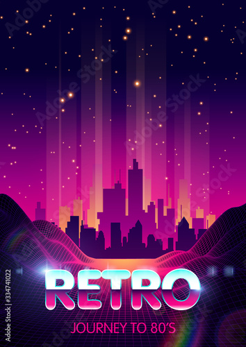 Retro Party 80s. Digital Landscape with Space, Mountains and Laser Rays. Futuristic Skyscraper City on Digital Cyber Surface.1980s Style 3d illustration. Retro 80s Fashion Sci-Fi Background Landscape