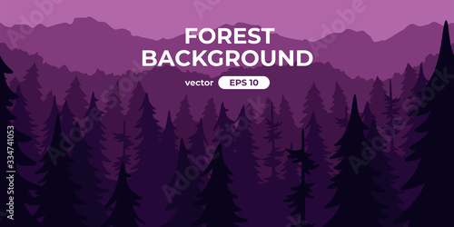Seamless forest landscape. Colorful silhouette with trees, pines, firs, mountains and hills. Layered background with parallax effect. Flat style vector illustration. Simple cartoon design.