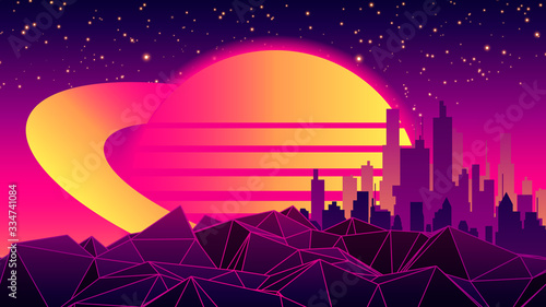 Vector Futuristic illustration of Planet with Mountains and Cityscape in Retro Style. Retro. Digital Landscape in a Cyber world. Retro 80s Fashion Sci-Fi Background Cityscape. Use as Music Album Cover