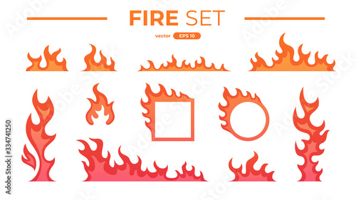 Fire flame set isolated. Icons. Flat style vector illustration. Flame, fire, torch, campfire. Cute cartoon design. Orange and yellow colors. Realistic template.