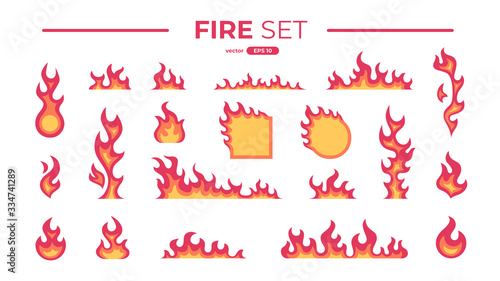 Fire flame set isolated. Icons. Flat style vector illustration. Flame, fire, torch, campfire. Cute cartoon design. Orange and yellow colors. Realistic template.