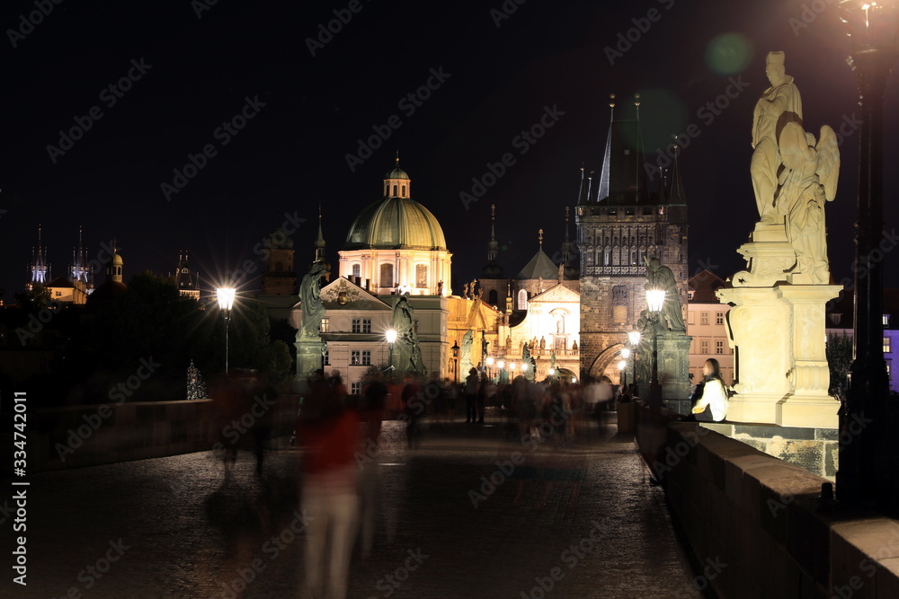Classic Prague - night view to old buildings and street ,  Czech Republic