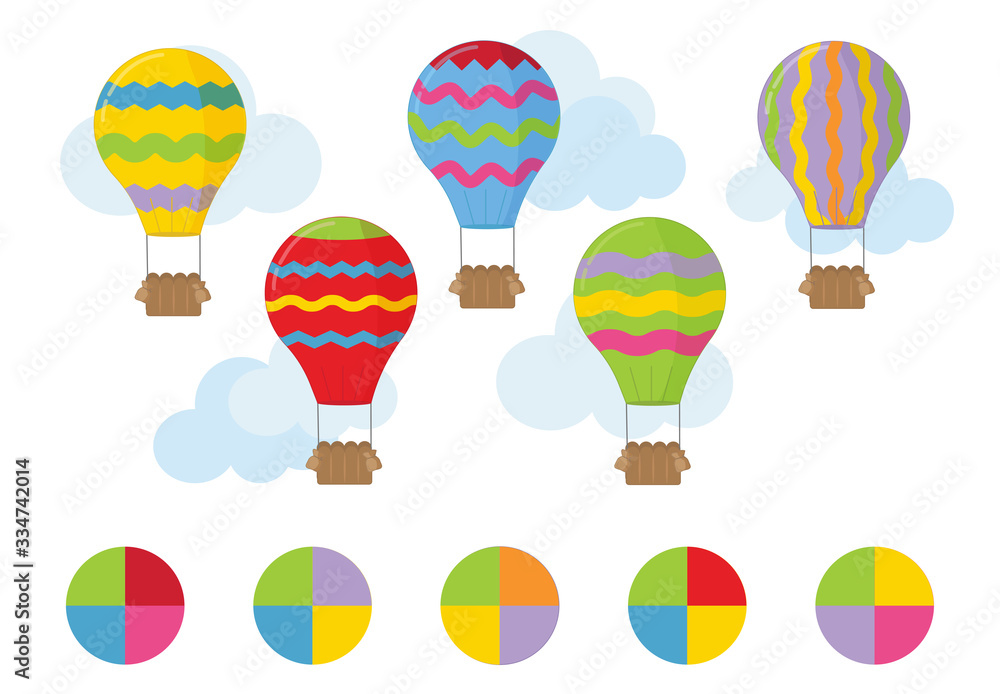 Educational game for children. Match of balloons and color palettes. Material for kids to learn color. Balloons in the sky